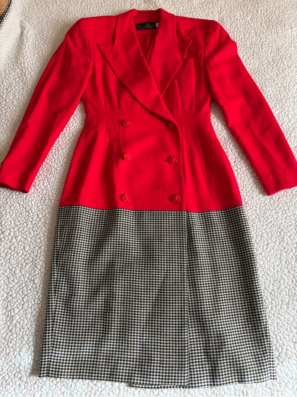 Vintage 80s PSI by Alvin Bell Colorblock Blazer Coat Dress Red Houndstooth-Size